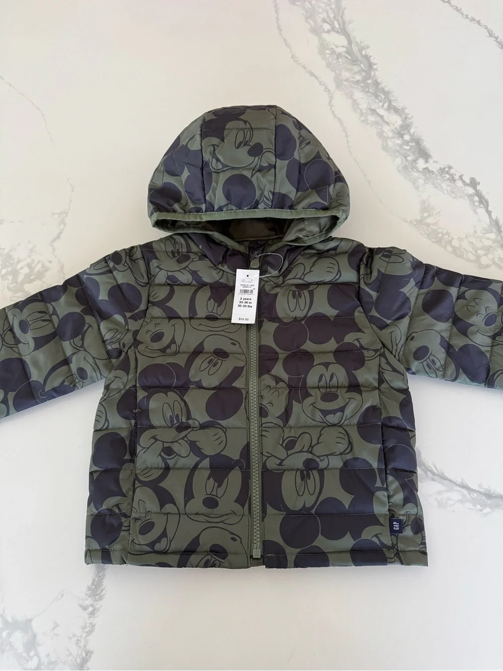 GAP Disney Mickey Mouse Green Puffer Jacket Toddler Boy 2T